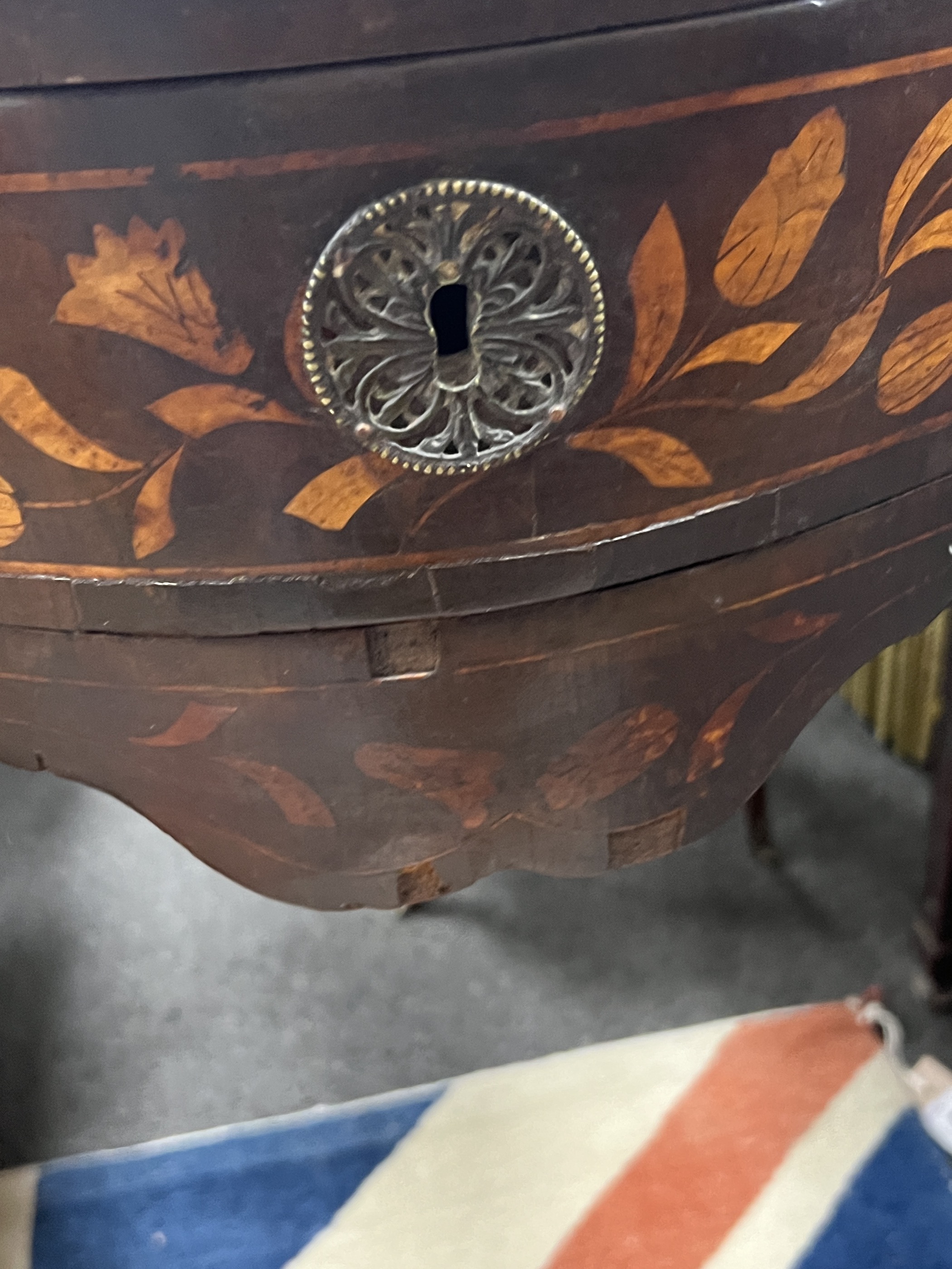 A late 18th century Dutch floral marquetry walnut serpentine side table, width 70cm, depth 45cm, height 74cm